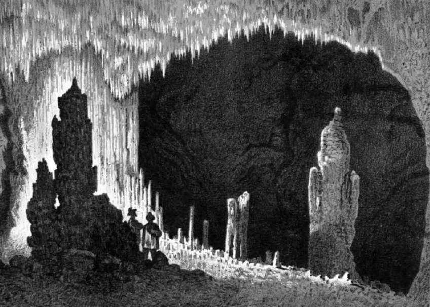 Historical illustration of the Galería de las Estatuas cave site in northern Spain. © Illustration by Isidro Gil, 1868