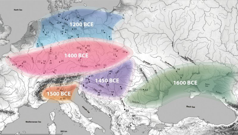 The distribution of millet during the Bronze Age. The numbers mark sites where millet of the second millennium BC was found. Credit: Dragana Filipović, Anna Carina Lange