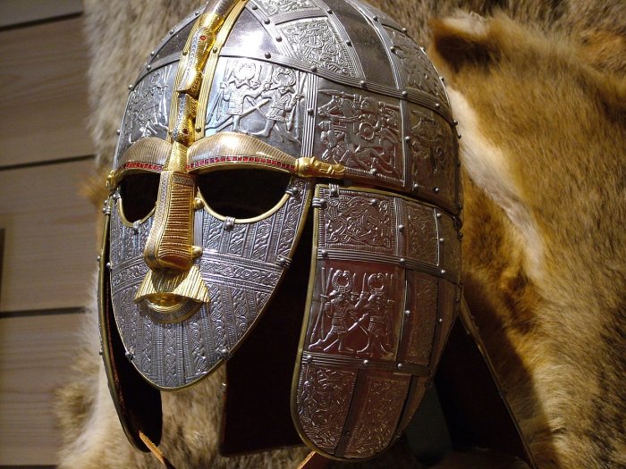 Replica of the helmet from the Sutton Hoo ship-burial 1, England.