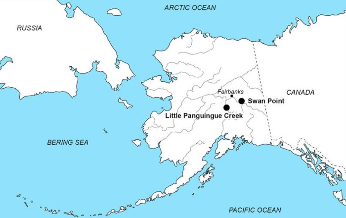 Map with the location of Swan Point site (in the Tanana Valley) and Little Panguingue Creek site (in the Nenana Valley)