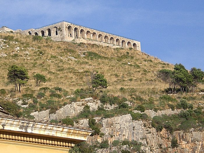 Temple of Jupiter Anxur seen from Piazza Garibaldi in Terracina