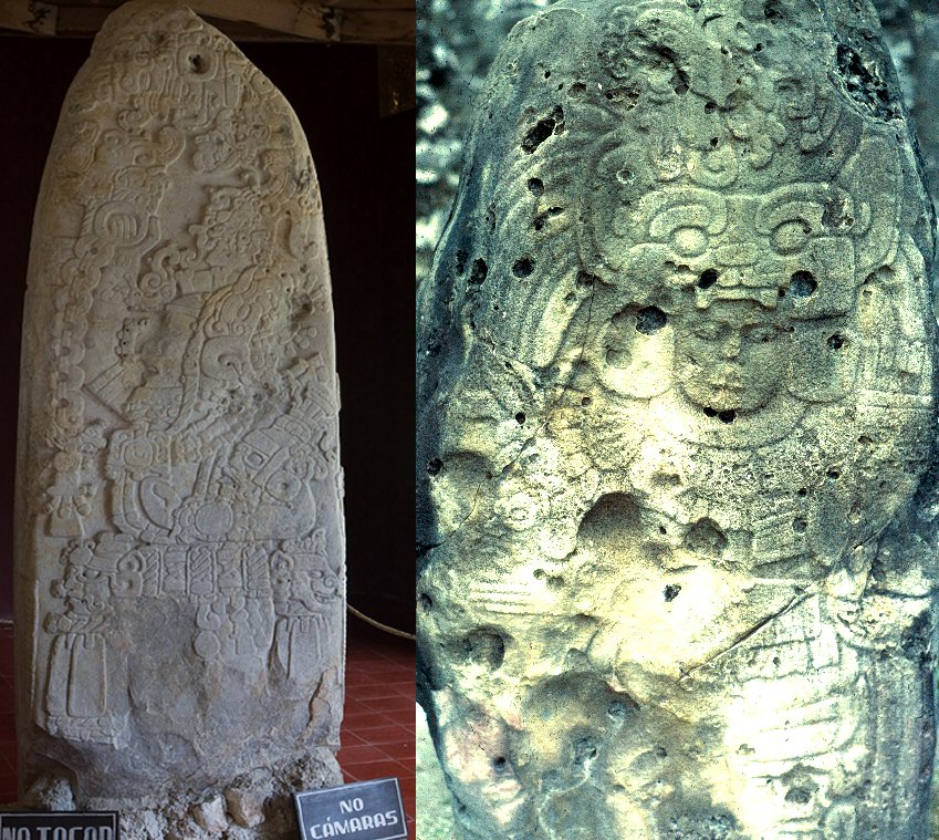 Left: Stela 31, with the sculpted image of Siyaj Chan K'awiil II. Image credit: Greg Willis - CC BY-SA 2.0; Right: Tikal, Guatemala: Stela 4. Image credit: HJPD - CC BY 3.0