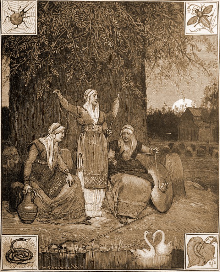 The trio of Norns at the well Urðarbrunnr is depicted in Fredrik Sander's 1893 translation of the Poetic Edda. Wood engraving by L. B. Hansen. PublicDomain