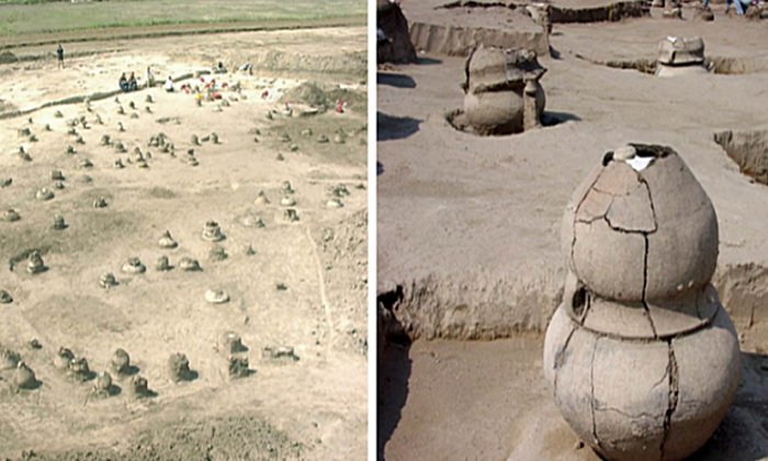 Szigetszentmiklós-Ürgehegy ‘urnfield’ during excavation and a typical Vatya burial.