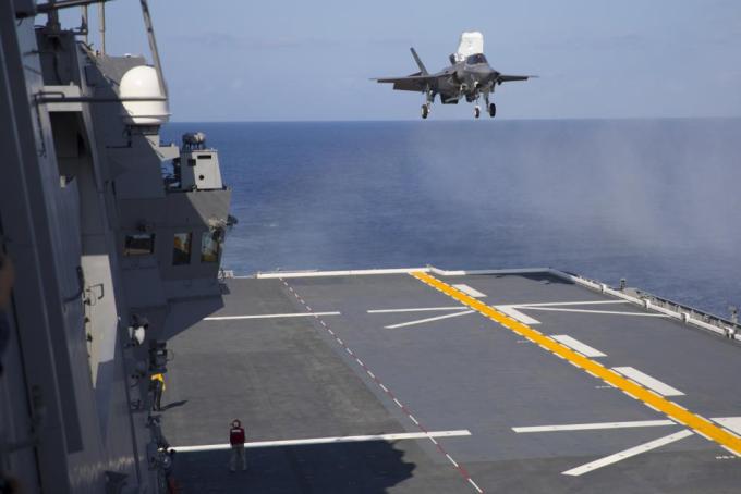 A U.S. Marine Corps F-35B Lightning II aircraft with Marine Fighter Attack Squadron (VMFA) 242 conducts a vertical landing aboard the Japanese Ship Izumo off the coast of Japan, Oct. 3, 2021. 