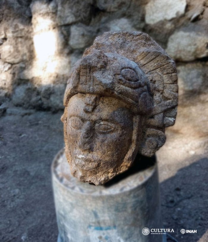 Sculpted Head Of Ancient Warrior Wearing A Serpent Helmet Found At Chichen Itza