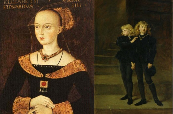 Left: Portrait of Elizabeth Woodville as Queen of England c.?1472. Queens' College, Cambridge. Credit: Public Domain - Right: The Two Princes Edward and Richard in the Tower, 1483 by Sir John Everett Millais, 1878, part of the Royal Holloway picture collection. Edward V at right wears the garter of the Order of the Garter beneath his left knee. Credit: Public Domain