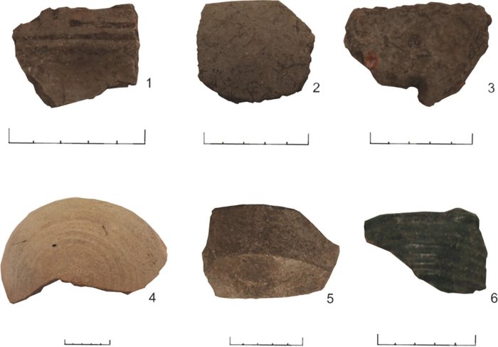 Ceramic samples from the six categories of pottery analyzed. 1 = Chican-Ostionoid (217), 2 = Indigenous undecorated (231), 3 = buren (220), 4 = Spanish olive jar (175), 5 = European glazed (227), 6 = green bacin (229). Scale = 5 cm. Credit: Archaeological and Anthropological Sciences (2023). DOI: 10.1007/s12520-023-01771-y