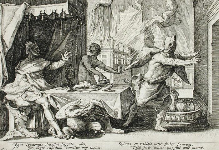 Zeus turning Lycaon into a wolf, engraving by Hendrik Goltzius.